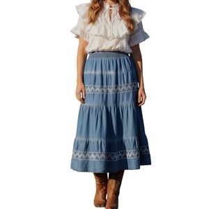 Lapis Tiered Chambray Skirt Embroidered Detail Western Large Smocked